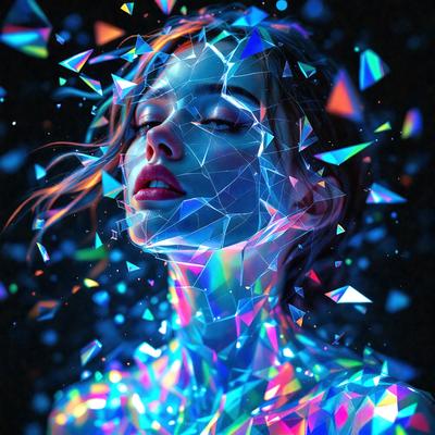 The primary subject of the image is a woman with a colorful, rainbow-like appearance. She is wearing a necklace and has a striking, vibrant look. The setting is a dark background, which contrasts with the woman's bright colors. The visual style is a digital art or illustration, creating a unique and eye-catching image. The colors and mood of the image are lively and energetic, with the woman's appearance evoking a sense of joy and creativity.